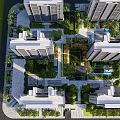 Commercial Landscape Design with High Rise Buildings Central Green Courtyard Swimming Pool and Lush Vegetation