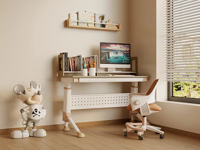 Modern Home Desk With Shelf Books Computer Monitor Stationery Chair Toy Figure And Window Blinds 3d model
