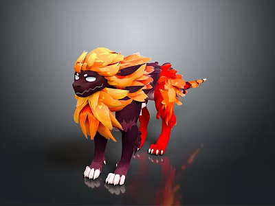3D Fantasy Mythical Beast Character With Flaming Orange Mane Dark Purple Body And White Claws 3d model