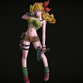Anime Style Female Doll With Golden Curly Hair Red Bow Green Top And Brown Shorts