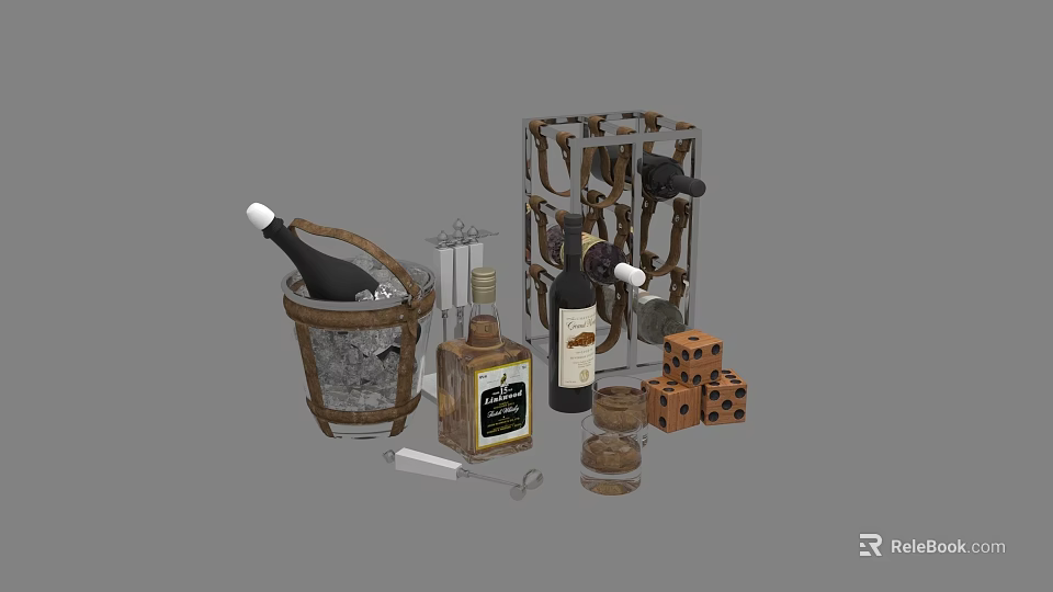 Elegant Wine Bottles And Glasses With Ice Bucket Cocktail Shaker Dice And Wine Rack 3d model 