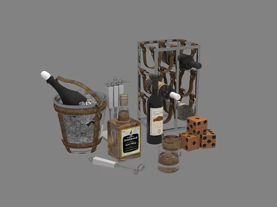 Elegant Wine Bottles And Glasses With Ice Bucket Cocktail Shaker Dice And Wine Rack 3d model
