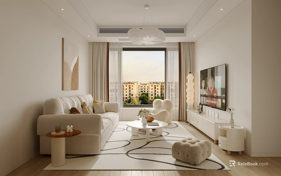 Bright Modern Living Room Interior With Beige Sofa Coffee Table And Floor to Ceiling Window 3d model 