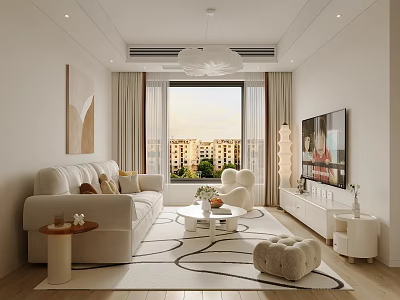 Bright Modern Living Room Interior With Beige Sofa Coffee Table And Floor to Ceiling Window 3d model