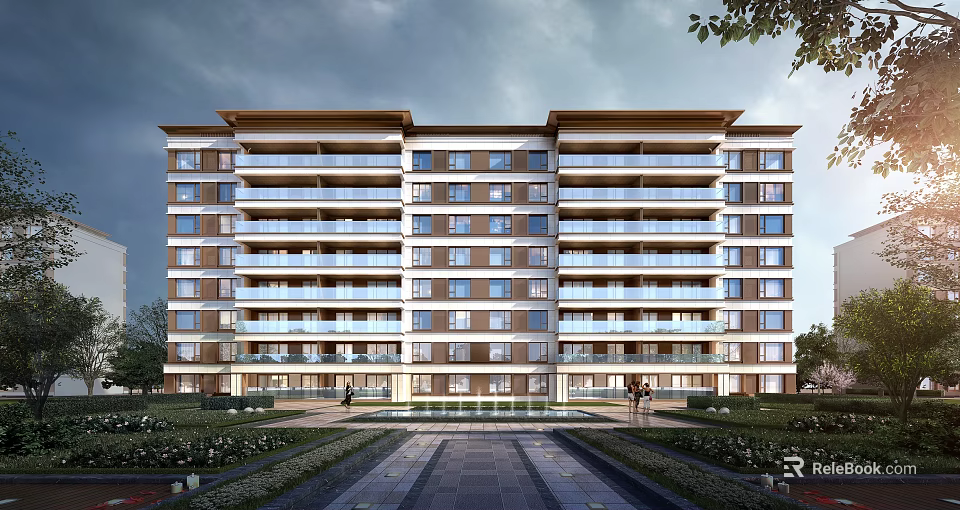 Modern Multi Storey Residential Building Exterior With Balconies And Landscaped Gardens 3d model 