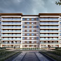 Modern Multi Storey Residential Building Exterior With Balconies And Landscaped Gardens