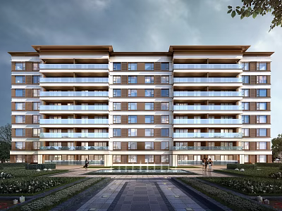 Modern Multi Storey Residential Building Exterior With Balconies And Landscaped Gardens 3d model