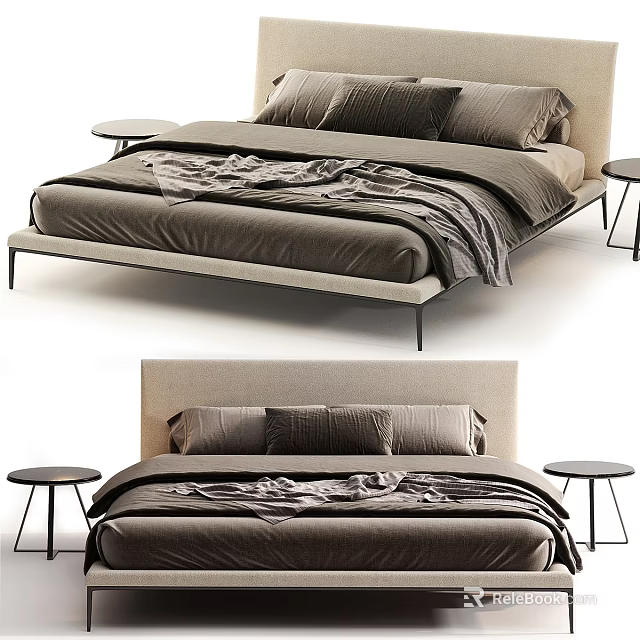 Modern Minimalist Double Bed With Upholstered Headboard Neutral Linen Bedding And Bedside Tables 3d model 