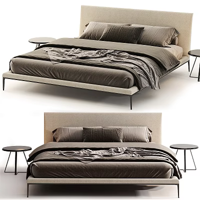 Modern Minimalist Double Bed With Upholstered Headboard Neutral Linen Bedding And Bedside Tables 3d model
