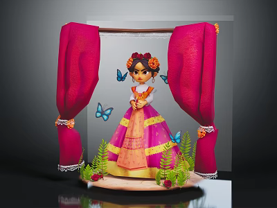 Traditional Dressed Girl With Floral Hair And Colorful Butterflies Near Red Curtains On Wooden Platform 3d model