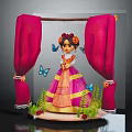 Traditional Dressed Girl With Floral Hair And Colorful Butterflies Near Red Curtains On Wooden Platform