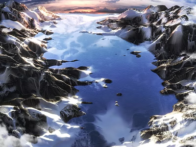 Scenic Garden Landscape With Snowy Mountains Lake And Sunset View 3d model