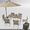 Cozy Outdoor Dining Setup With Beige Umbrella Wooden Table Chairs Food Plates And Small Crate