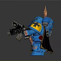 Blue Warrior Figure With Yellow Shoulder Armor And Halo Head Dual Guns And Skull Decoration