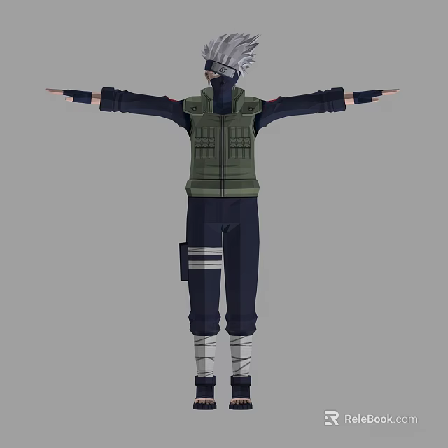 Game Anime Character In Green Vest Dark Pants With Arm Bandages Forehead Protector Arms Outstretched 3d model 