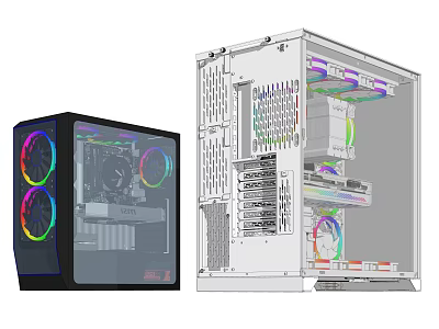 Gaming PC Case With RGB Cooling Fans Transparent Panel And Internal Components 3d model