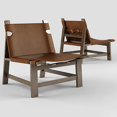 Two Brown Leather Lounge Chairs With Wooden Frame And Modern Minimalist Design 3d model