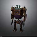 3D Animated Robot Character With Orange Purple Body Blue Eyes And Mechanical Gears Design