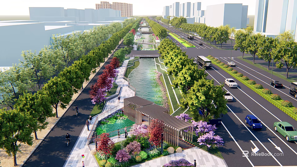 Urban Waterfront Landscape Design With Pedestrian Walkway Lush Greenery And Water Feature 3d model 