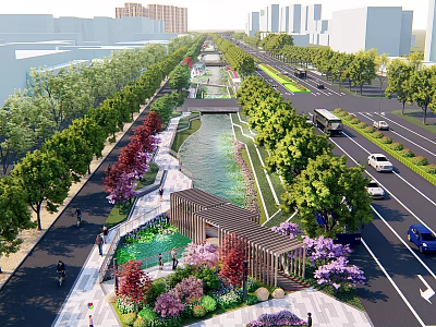 Urban Waterfront Landscape Design With Pedestrian Walkway Lush Greenery And Water Feature 3d model