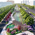 Urban Waterfront Landscape Design With Pedestrian Walkway Lush Greenery And Water Feature
