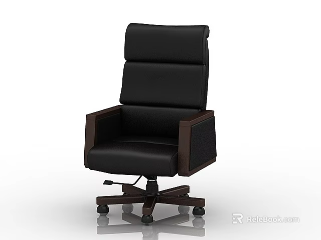 Black Leather Adjustable Office Chair with High Back Wooden Armrests and Wheels 3d model 