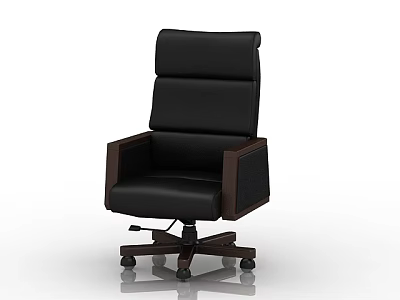 Black Leather Adjustable Office Chair with High Back Wooden Armrests and Wheels 3d model