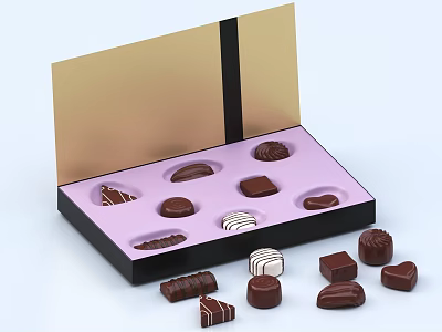 Open Chocolate Gift Box With Pink Interior Assorted Shapes Chocolates And Scattered Pieces 3d model