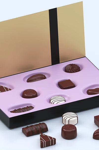 Open Chocolate Gift Box With Pink Interior Assorted Shapes Chocolates And Scattered Pieces 3d model