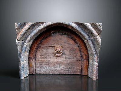 Antique Stone Archway Entry Door With Wooden Panel And Brass Door Knocker 3d model