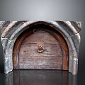 Antique Stone Archway Entry Door With Wooden Panel And Brass Door Knocker