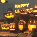 Happy Halloween Decorations With Jack O Lanterns Witch Hat And Wooden Platform