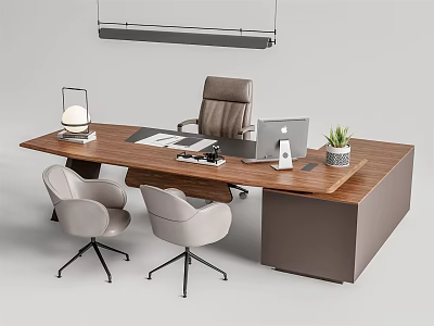 Modern Wooden Office Desk with Laptop Papers Lamp Green Plant and Leather Chair 3d model