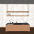 Modern Copper Bar Counter With Hanging Shelf Wine Glasses Plates And Textured Wall