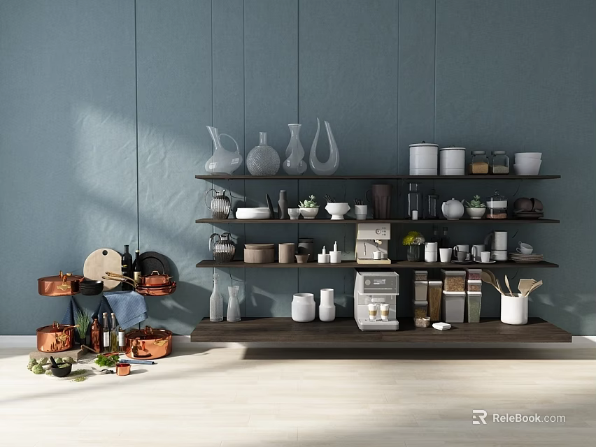 Elegant Tableware Collection on Dark Wooden Shelf with Blue Wall and Vases Jars Bowls Cups 3d model 
