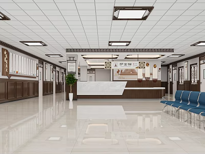 Medical Lobby With White Ceiling Brown Cabinets White Front Desk Blue Seats And Green Plant 3d model