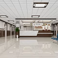 Medical Lobby With White Ceiling Brown Cabinets White Front Desk Blue Seats And Green Plant