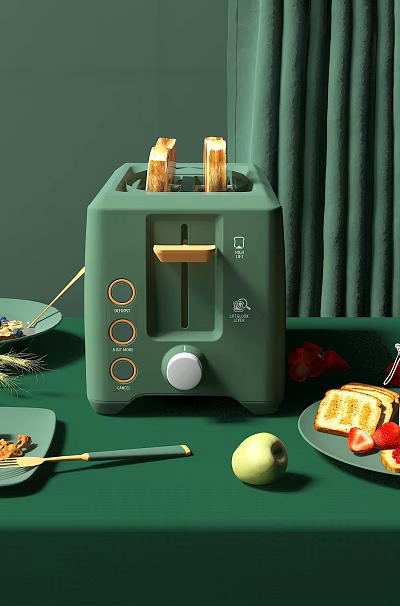Green Toaster Kitchenware Breakfast Setting With Plates Cereal Strawberries Toast Milk And Wheat Ears 3d model