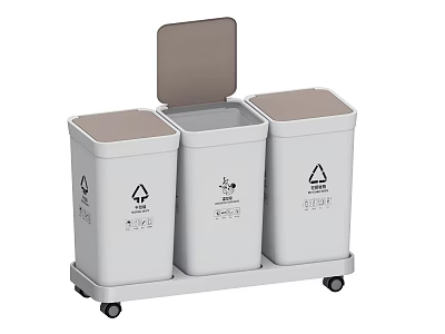 Three Compartment Classification Trash Bins With Wheels And Lids For Home Use 3d model