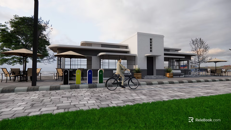 Cyclist Riding On Sidewalk Near Colorful Trash Bins Modern Building And Green Grass 3d model 
