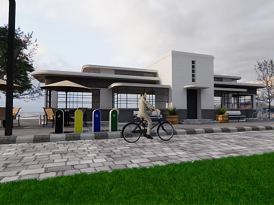 Cyclist Riding On Sidewalk Near Colorful Trash Bins Modern Building And Green Grass 3d model