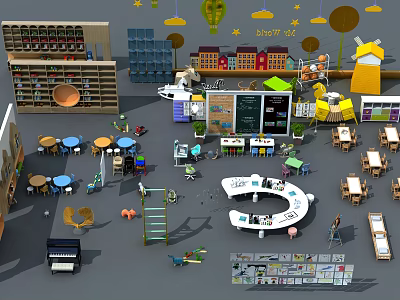 Colorful Kids Table Design In Playroom With Toys Bookshelf And Balloons 3d model