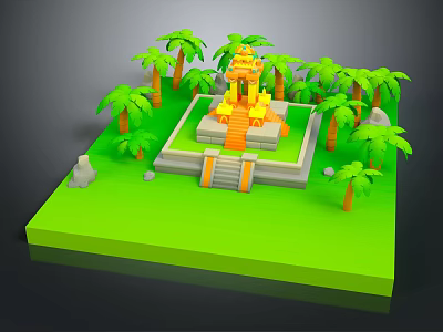 3D Cartoon Scene With Green Grass Platform Yellow Temple Stone Steps And Palm Trees 3d model