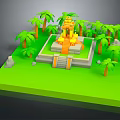3D Cartoon Scene With Green Grass Platform Yellow Temple Stone Steps And Palm Trees