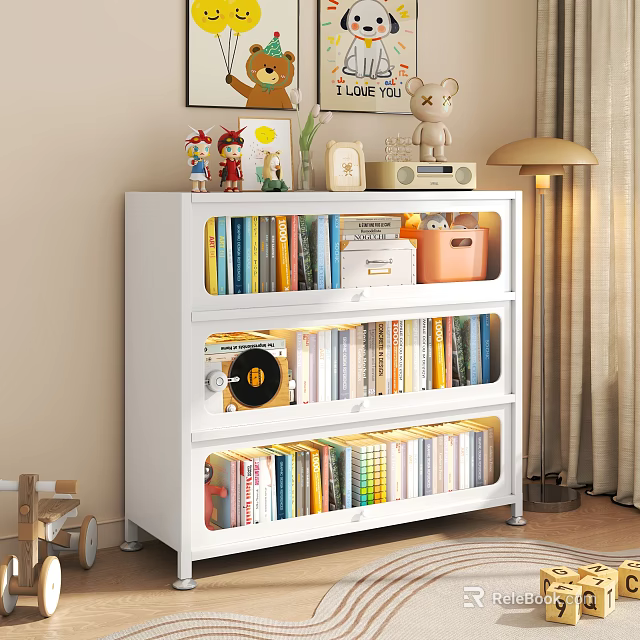 White Storage Cabinet With Shelves Books Decorative Items And Vinyl Record In Cozy Room 3d model 
