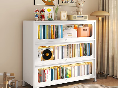 White Storage Cabinet With Shelves Books Decorative Items And Vinyl Record In Cozy Room 3d model