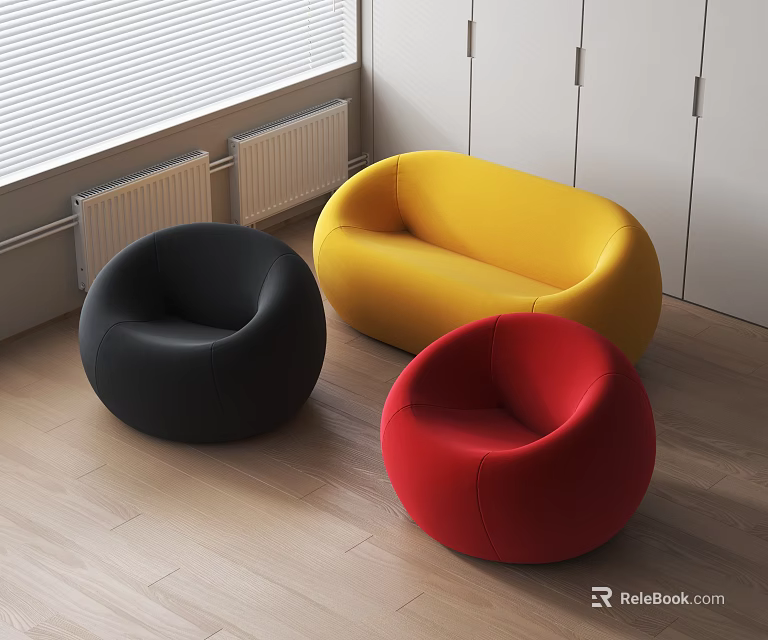 Modern Round Sofa Set With Black Yellow Red Colors In Living Room Interior 3d model 