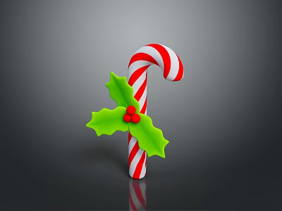 Festive Red and White Candy Cane with Green Holly Leaves and Red Berries 3d model