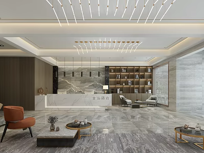 Elegant Modern Hotel Lobby Interior With Reception Desk Bookshelves And Hanging Chandeliers 3d model