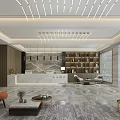 Elegant Modern Hotel Lobby Interior With Reception Desk Bookshelves And Hanging Chandeliers